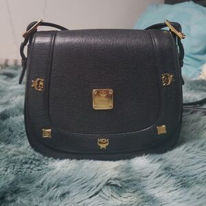 Authentic MCM Vintage Black Crossbody Bag with Gold Accents